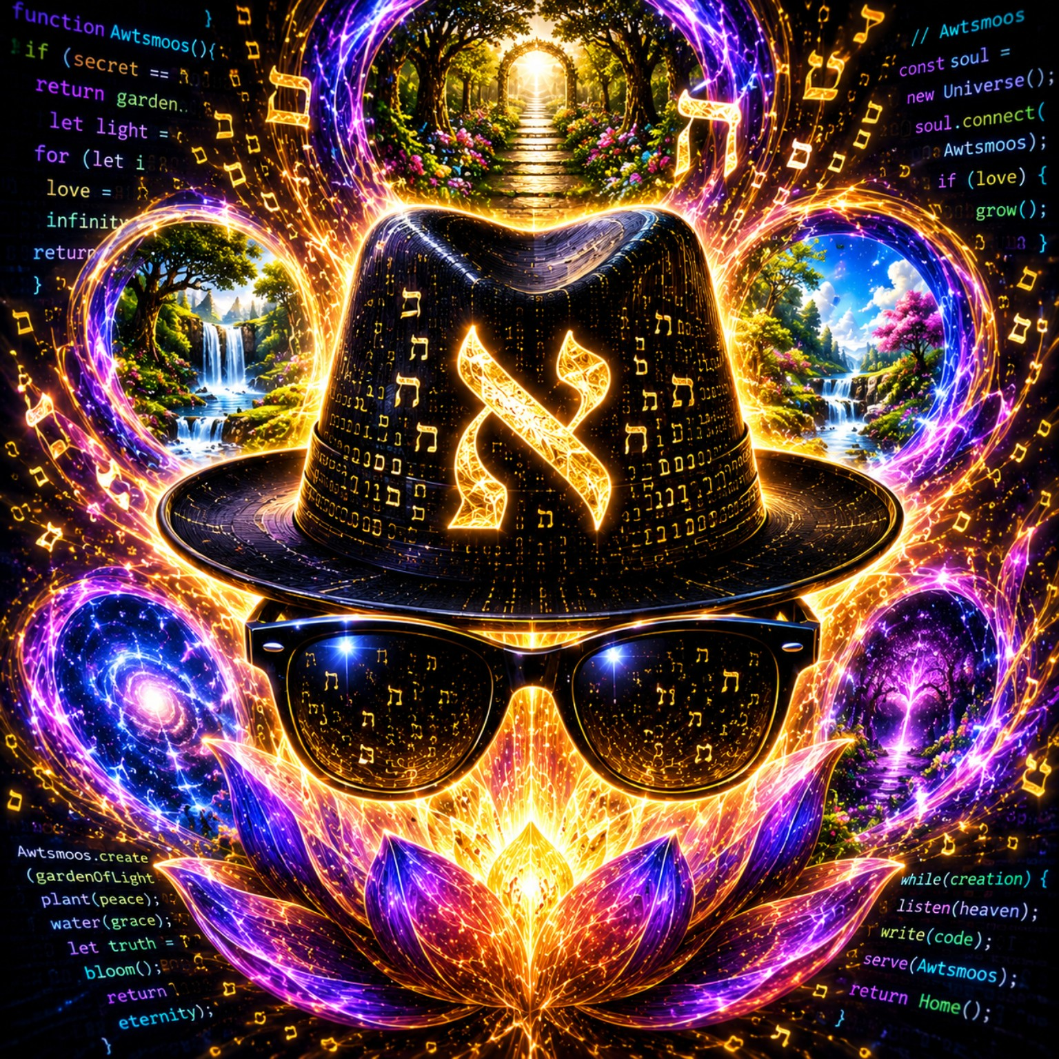 Awtsmoos Shliach: a glowing Aleph on a black hat, glasses and portals to living gardens